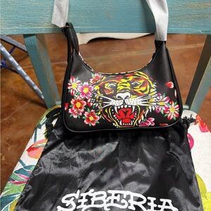 Ed Hardy Black and Red Floral Tiger Shoulder Bag